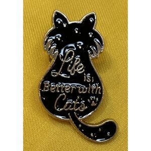 Black Enamel Cat Pin Brooch Life Is Better With Cats Lapel Tie Tack Cute Gift